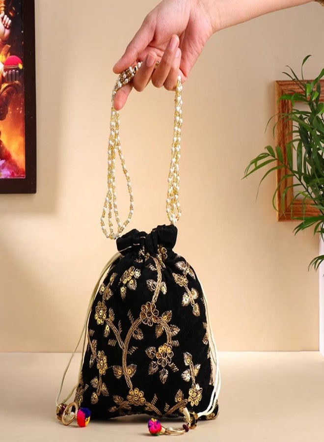Floweraura Handcrafted Stylish Black Golden Embroidered Pearl Potli Bag for Diwali Gift, Karwa Chauth Gift & Gift for Wife, Sister, Mother, Friends, Colleagues, Girlfriend - Image 3